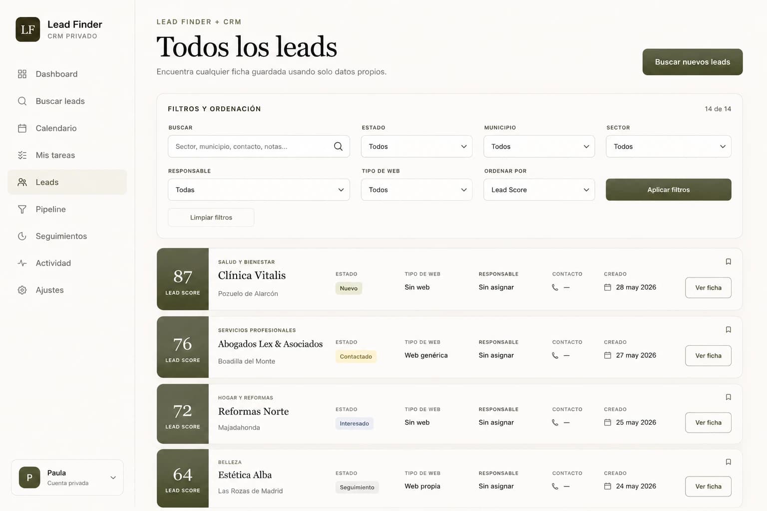 Listado de leads del CRM con filtros y ordenación por lead score