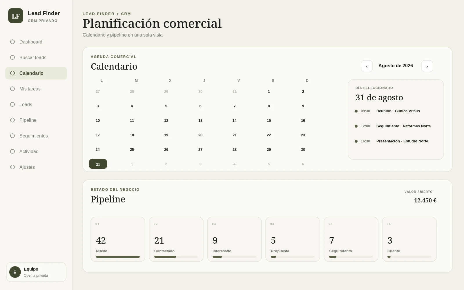 Vista de planificación comercial con calendario y pipeline por etapas