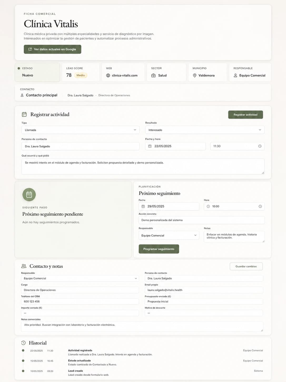 Ficha detallada de un lead con datos, notas y seguimiento