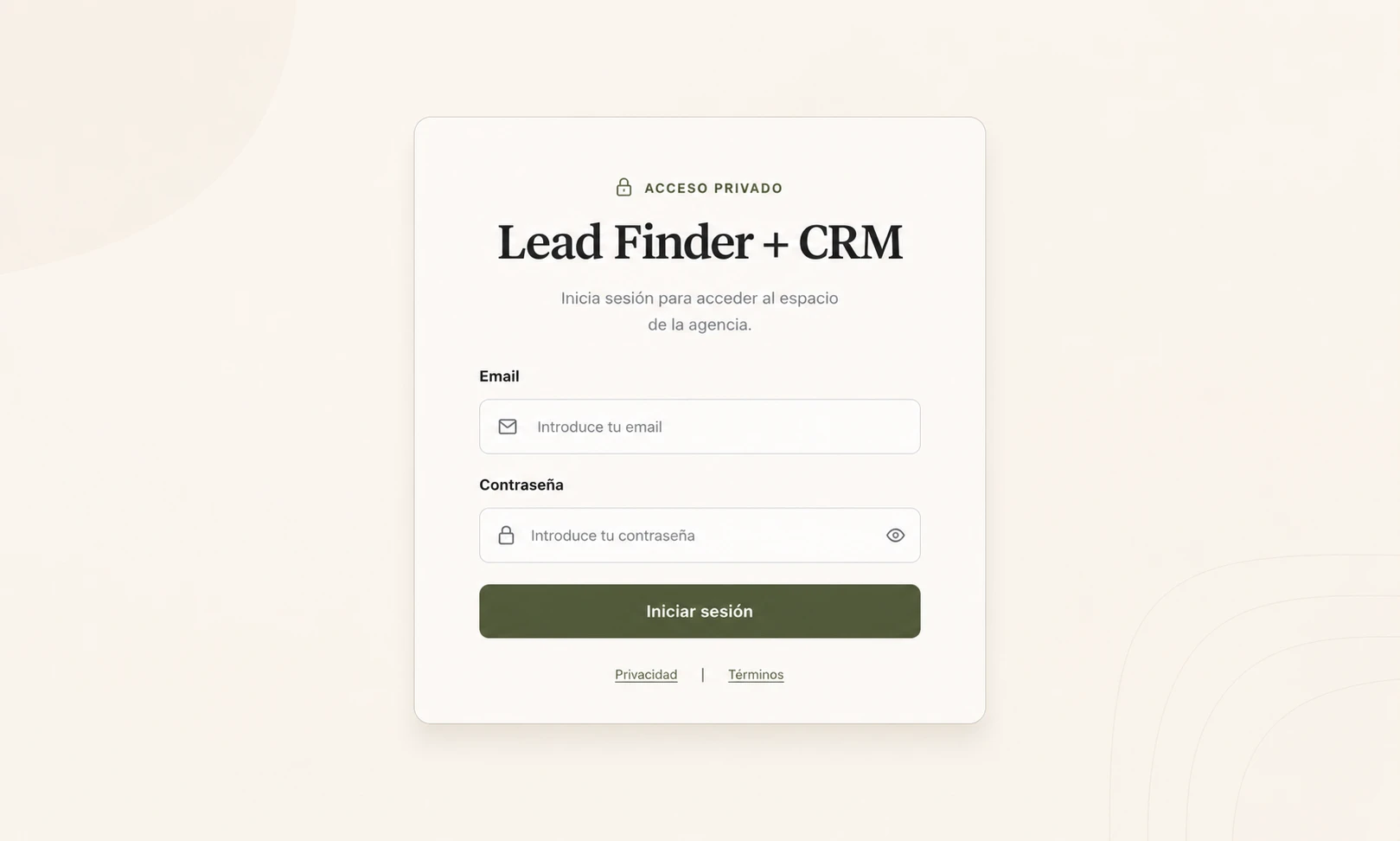 Pantalla de acceso privado del CRM